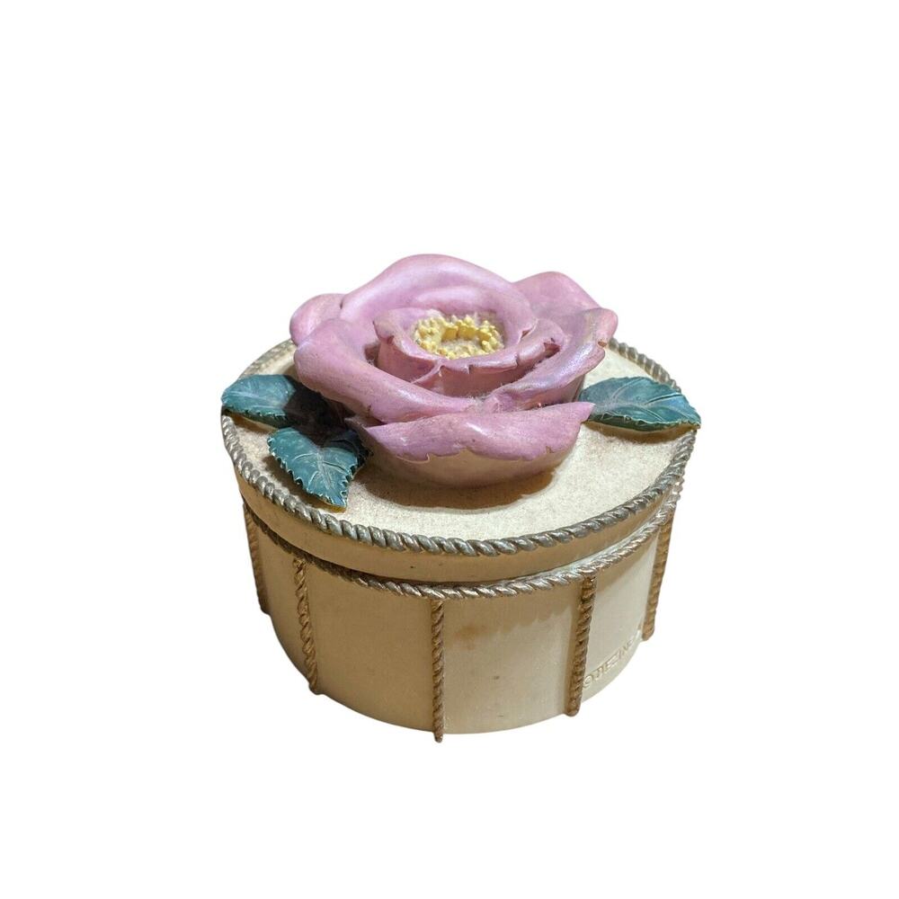 Vintage Dezine Hand‎ Painted Trinket Box 1993 Pink Rose Round Shape Braided Edge